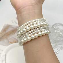 6pcs/Set Matching Pearl Beaded Bracelets | Elastic Beaded Bracelets For Girls, Vintage Multi-Layer Jewelry, Unlocks 6 Stacking Styles - Multicolor - View 6
