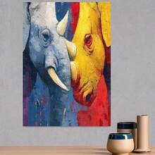 Plano 2D, 1 pieza Póster de lienzo plano 2D sin marco, Pintura en lienzo de elefante y rinoceronte coloridos, Diseño único, Duradero y de larga duración, Regalo ideal para uso en interiores/exteriores, Decoración de cafetería | Arte de pared vintage | Arte de pared duradero, Decoración de habitación - Enmarcado - Ver 3