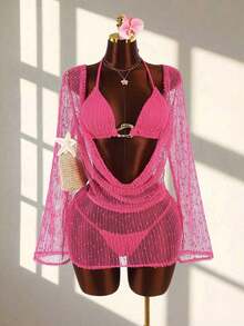 3 piezas Conjunto de Bikini de Mujer - Top, Bottom y Cubrimiento - Beis - Ver 7