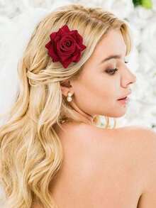Women's 3pcs/Set 2.7 Inch Rose Pink Rose Hair Clips, Flower Hair Clips, Floral Hair Clips, Suitable For Women To Wear At Parties, Weddings And Daily Use - Hot Pink - View 3