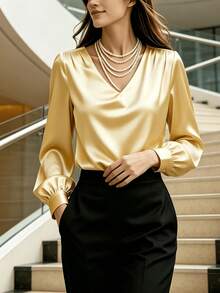 elfnokto 女士优雅纯色V领褶皱肩长袖衬衫，宽松版型，适合春季办公室穿着 - 黃色 - 查看 3
