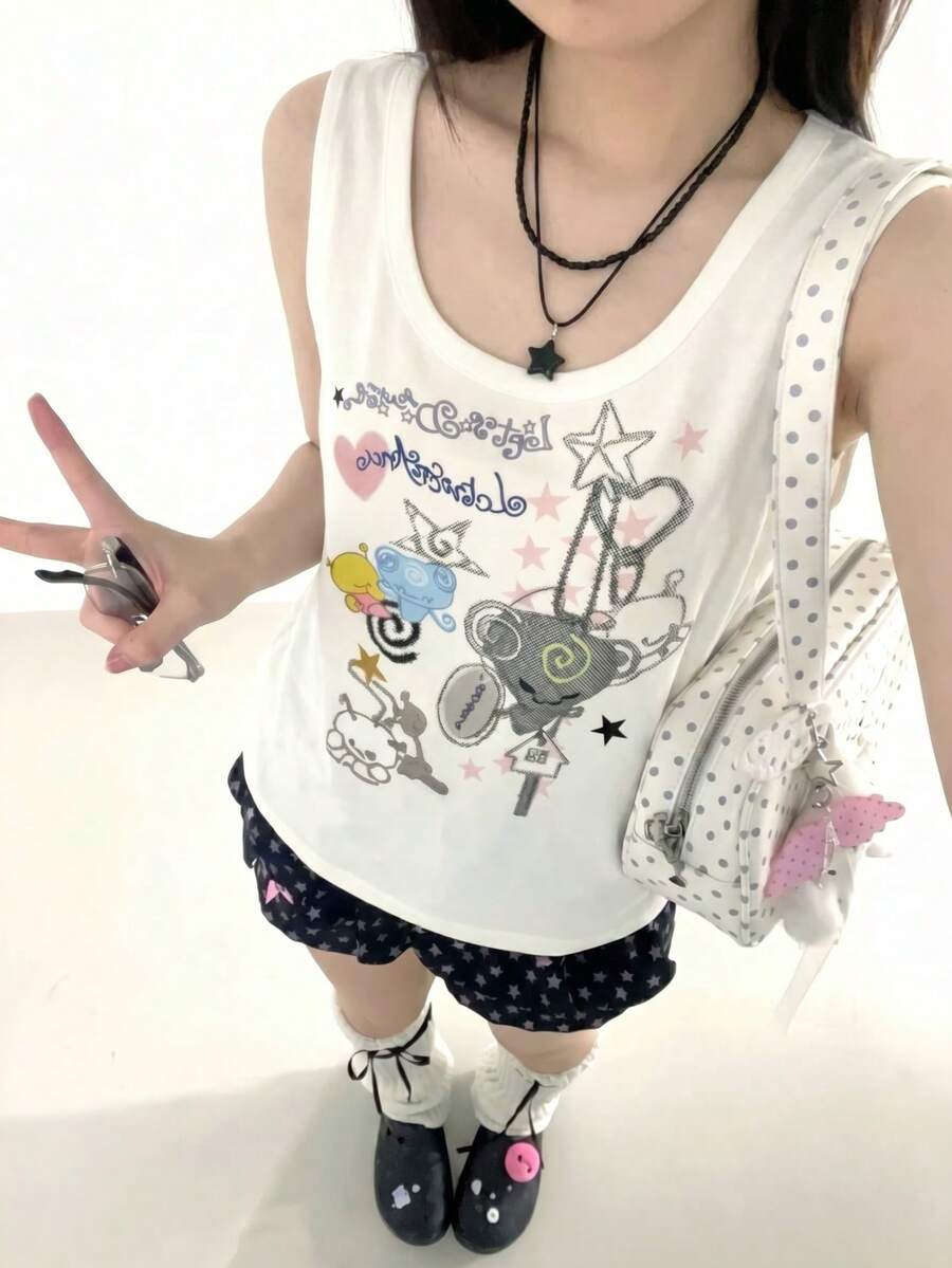 Y2K可爱卡通魔法少女星星印花无袖背心，宽松叠穿性感露脐上衣，休闲白色夏季款 - 白色 - 查看 1