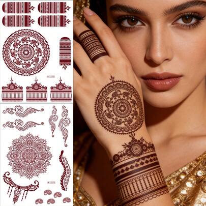 2 Sheets Red Brown Henna Mandala Lace Temporary Tattoos, Waterproof Sexy Body Art Stickers, Fake Tattoos For Hands Arms Back, Daily Party Festival Decor