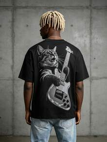 Men's Funny Cat Guitar Graphic Oversized T-Shirt - Black - View 1