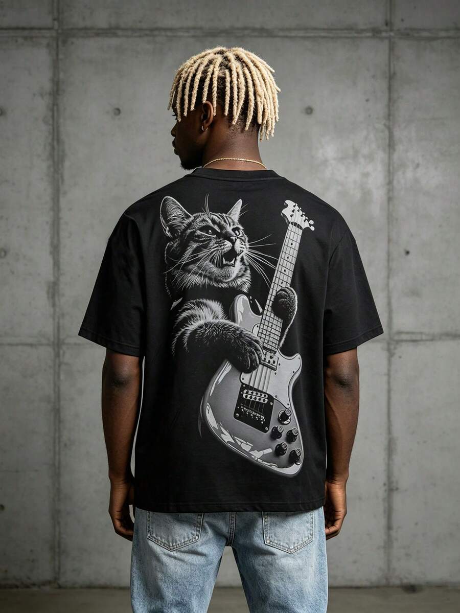Men's Funny Cat Guitar Graphic Oversized T-Shirt - Black - View 1