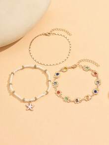 Set de 3 piezas Tobillera con cuentas de estrella de mar y conchas de estilo veraniego, cadena de cobre con cristales de moda hecha a mano, adecuada para uso diario, vacaciones, viajes y compras. La cadena de cristales se puede cortar a la longitud deseada, el número y la disposición de color de las cuentas es aleatorio. - Multicolor - Ver 2
