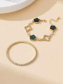 1 Set Luxury Rhinestone Hollow Clover & Green Leaf Charm Bracelets, Women Elastic Bracelet Set For Stacking - Green - View 3