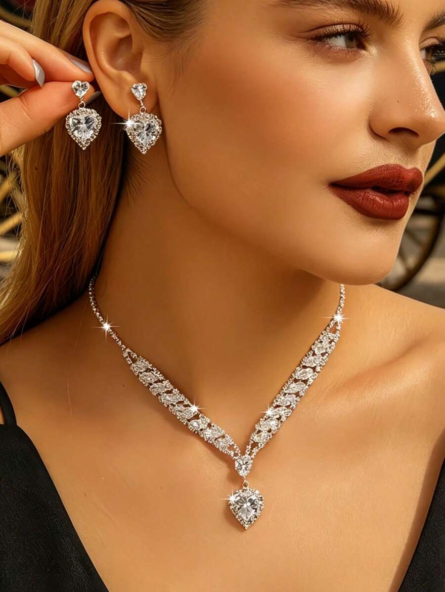 Bộ 3 món bông tai và dây chuyền hình trái tim lấp lánh đính đá Zirconia, trang sức cao cấp thanh lịch. - Bạc - Xem 1