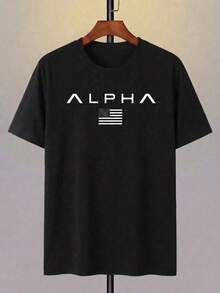 Camiseta de manga corta verde de 100% poliéster con diseño personalizado, texto "ALPHA" e impresión de logotipo minimalista, ropa casual transpirable para hombres, tela ligera, adecuada para el verano - Negro - Ver 2