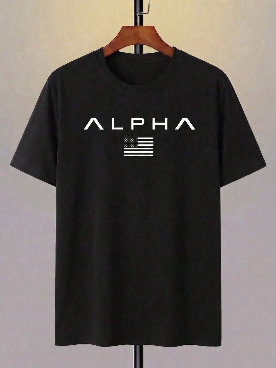Camiseta de manga corta verde de 100% poliéster con diseño personalizado, texto "ALPHA" e impresión de logotipo minimalista, ropa casual transpirable para hombres, tela ligera, adecuada para el verano - Negro - Ver 1