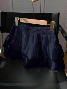 Falda pantalón para mujeres para conciertos campestres, blanca, de tejido, con cintura elástica y volantes en el bajo con silueta evasé - Azul marino 2 - Ver 7