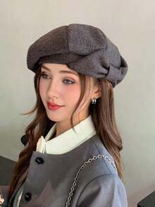 1pc Elegant Boho Chic Vintage Sweet Bow Beret Hat, Casual Cute Street Style Hat Women, Suitable Daily Wear And Shopping Halloween,Summer,Beach - 灰色 - 查看 5