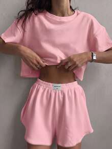 2-Pack Solid Color Mini Plaid Short-Sleeved Side Slit Wide-Leg Shorts Casual Thin Women's Pajamas Set Can Be Used At Home - 粉色 - 查看 13