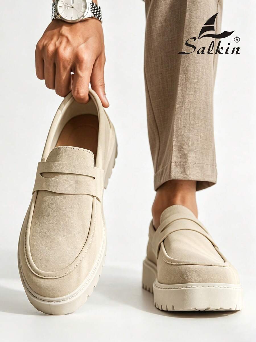 Salkin 奢華設計師男士便錢樂福鞋,正品品牌,純色啞光皮革鞋面,休閒男鞋,適合現代生活的平價奢華,柔軟舒適防滑耐磨鞋底,時尚優雅紳士社交鞋,百搭西裝、學生畢業典禮、大學風格、運動鞋、派對、宴會、節日禮物,春夏秋季男鞋 - 米色 - 查看 1