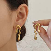 Asymmetric Fluid Molten Lava Drop Geometric Stud Earrings For Women, 304 Stainless Steel Hypoallergenic Non Tarnish Gold Minimalist Jewelry - Gold - View 3