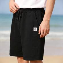 Pantalones cortos negros con cordón y cintura elástica para hombres, pantalones cortos deportivos casuales y sueltos, transpirables, versátiles para uso diario, correr, fitness, estilo callejero - Negro - Ver 4