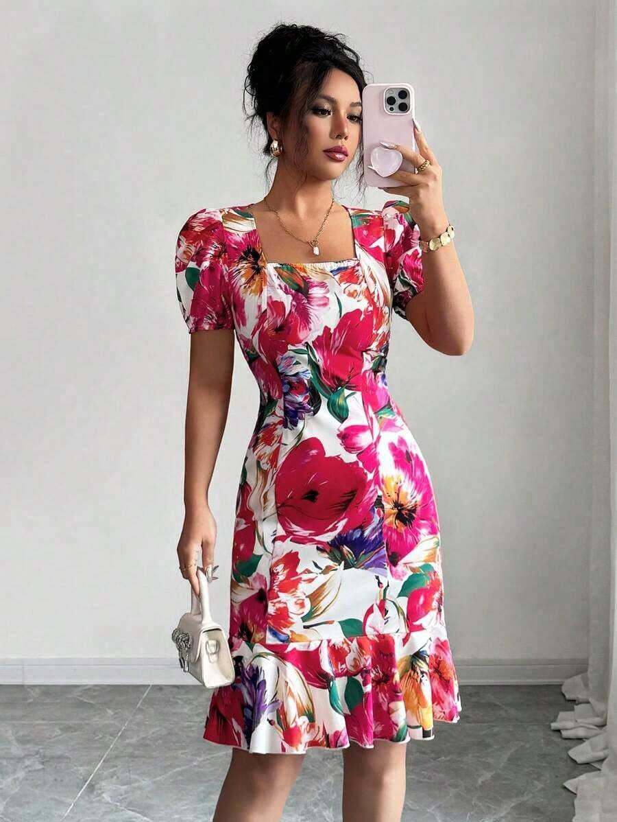 Vestido de mujer de cuello cuadrado de manga corta con estampado aleatorio - Rojo - Ver 1
