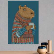 Plano 2D, 1 pieza de carpincho con bufanda colorida sosteniendo una taza de café - Moderno minimalista, temático de carpincho para sala de estar, dormitorio, decoración - Lienzo de pared neutro y acogedor apto para decoraciones de oficina y comedor, Plano 2D - Enmarcado - Ver 3