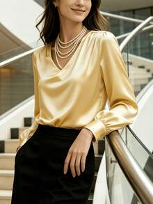 elfnokto 女士优雅纯色V领褶皱肩长袖衬衫，宽松版型，适合春季办公室穿着 - 黃色 - 查看 7