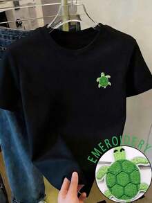 Camiseta de mujer de manga corta y cuello redondo con estampado de tortuga, ideal para el verano - Negro - Ver 1