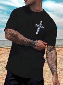 Men's Short Sleeve Summer T-Shirt With Print - Black - View 4