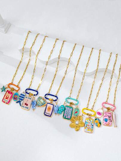 1 pieza Collar con colgante chapado en oro de vacaciones de verano, collar de cadena de clip de papel ajustable con colgantes esmaltados de colores - pez océano, estrella de mar, limón, cereza y floral, joyería bohemia de playa para mujeres