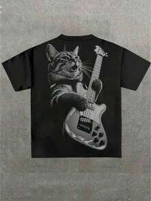 Men's Funny Cat Guitar Graphic Oversized T-Shirt - Black - View 6