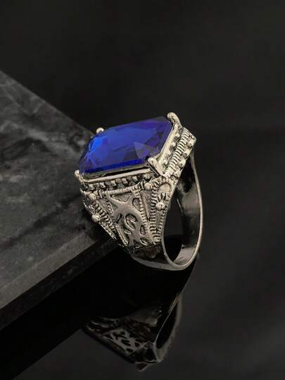 Nhẫn nam cổ điển khắc họa tiết, đính đá xanh, làm từ hợp kim, phụ kiện phong cách Gothic độc đáo cho cả trang phục hàng ngày và dự tiệc.