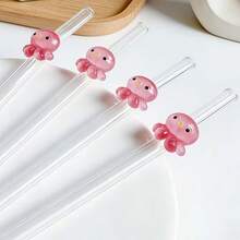 1/4/6pcs Set Cartoon Pink Octopus Shaped Reusable Glass Straws, Valentine's Day Gift, Ocean Theme Party, Family Gathering, Music Festival Essential, Transparent Reusable Straw Tableware Set, Must-Have Drinking Accessory - View 3