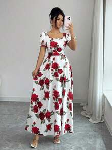 Elenzya Women's Floral Rose Print Square Neck Cinched Waist A-Line Puff Sleeve Elegant Everyday Vacation Commute Fashion Valentine's Day Date French Street Retro Versatile Party White Base Red Rose Print Early Spring/Spring Summer Short Sleeve New Mid-Length Dress - 彩色 - 查看 5