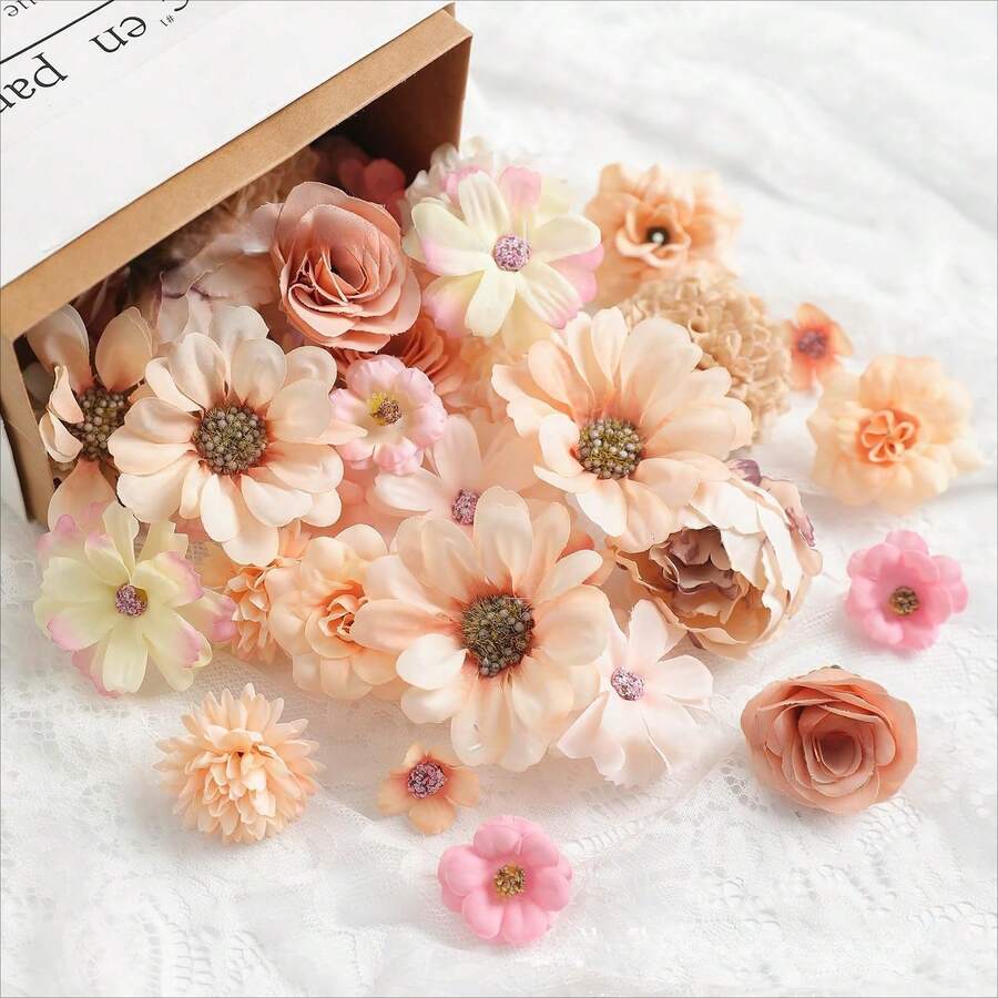 Assorted Artificial Flowers, Fake Flowers For DIY Crafts, Party Decoration, Home Floral Decor, Suitable For Cake Decoration, Wedding Bouquets, Bridal Headpieces, DIY Hair Clips, Wreaths, Parties, Home, Garden, Handmade - Champagne - View 1