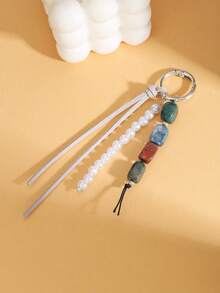 1pc Bohemian Style Faux Pearl & Natural Stone Beaded Keychain With Tassel, Bag Charm, Key Ring For Women Men , Handmade Boho Key Accessory For Purse/Car Keys - Multicolor - View 3