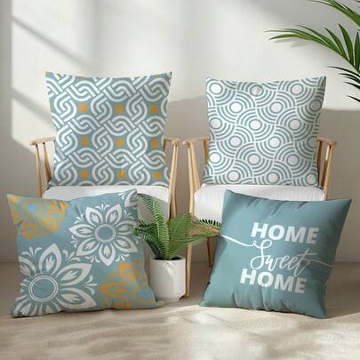 Bộ 4 vỏ gối trang trí đơn giản hàng ngày họa tiết hoa hình học màu xanh dương "Sweet Home", in một mặt, chất liệu nhung polyester màu đào, kích thước 45*45CM/18*18inch, thích hợp trang trí phòng ngủ, phòng khách theo phong cách tối giản hiện đại, làm quà tặng, trang trí tiệc.