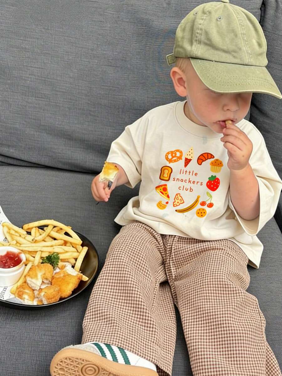 1 pieza Camiseta de manga corta de cuello redondo básica con estampado de gráfico de dibujos animados, lema y letra creativa para niños pequeños/bebés, casual y de moda - Albaricoque - Ver 1