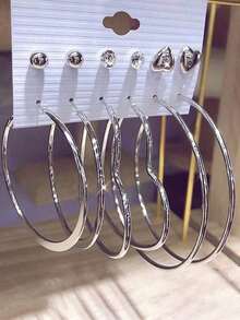 6pairs/Set Exaggerated Fashionable White Tower C Shape Heart Large Hoop Stud Earrings Set Valentines,Mom,Mother,Mother's Day,Gift - Silver Level 2 - View 4
