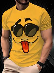 Men's Funny 3D Smiling Face Print Casual Round Neck Short Sleeve T-Shirt, Fashionable Summer Casual Tee. 100% Polyester - Multicolor - View 1