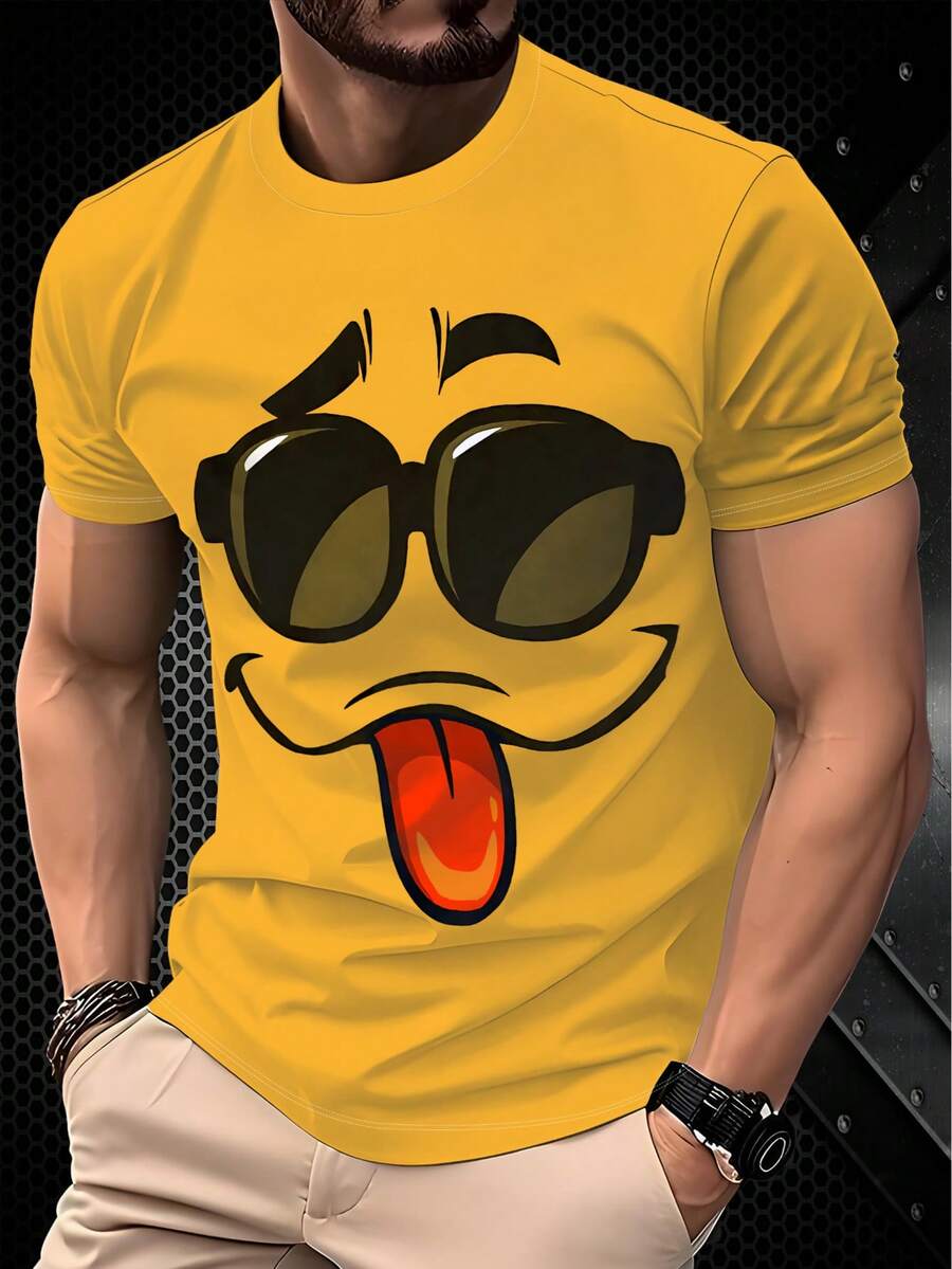 Men's Funny 3D Smiling Face Print Casual Round Neck Short Sleeve T-Shirt, Fashionable Summer Casual Tee. 100% Polyester - Multicolor - View 1