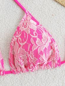 Bộ bikini ren 3 mảnh dành cho nữ, thích hợp đi nghỉ mát ở bãi biển. - Màu Hồng Tươi - Xem 3