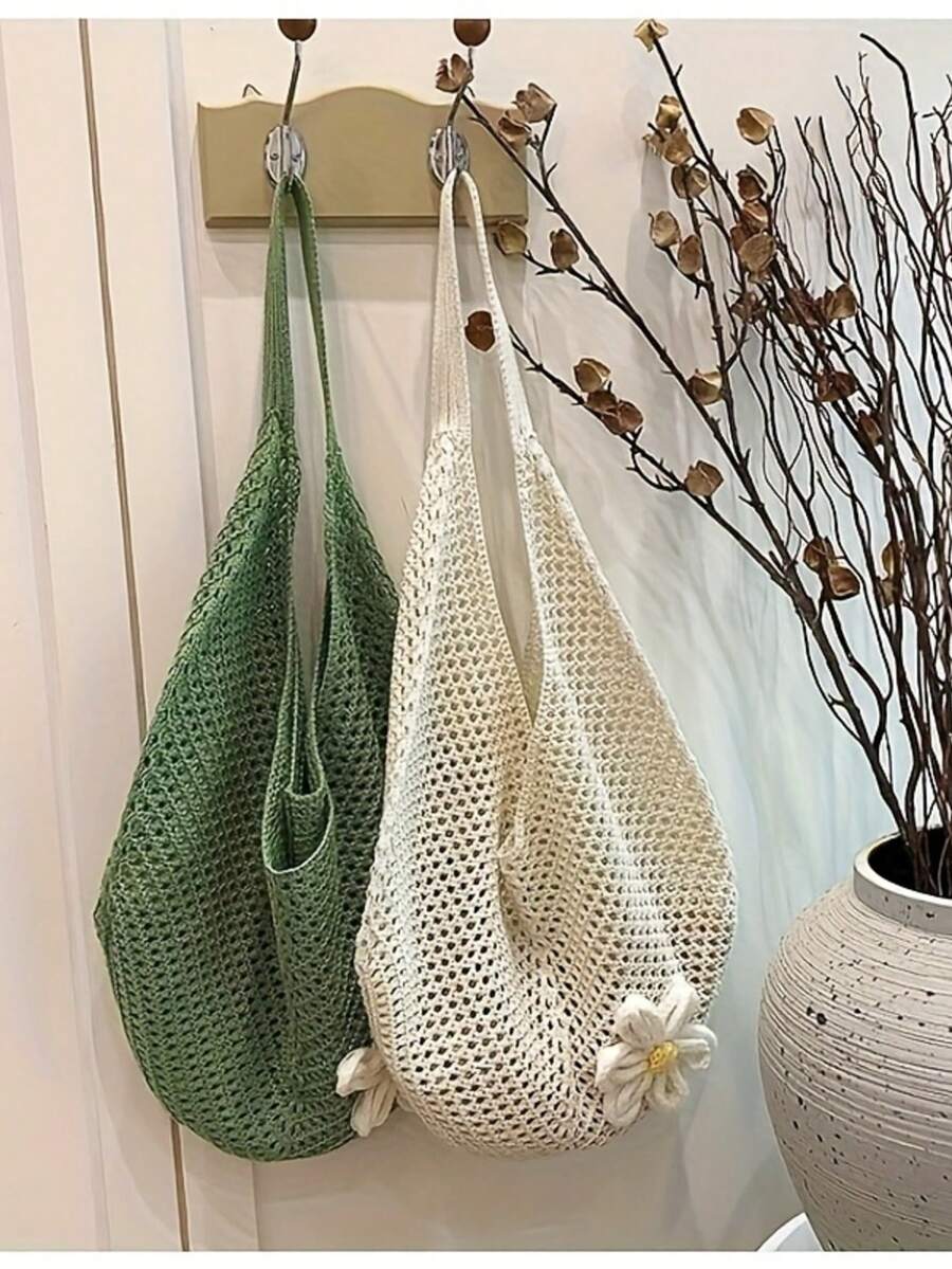 Women's Summer Woven Straw Crossbody Bag - Unique Spherical Design, Adjustable Shoulder Strap, Open-Top With Daisy Flower Decor, Lightweight Casual Beach Bag, Intricate Woven Texture