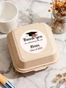 12/24/48pcs Customized Graduation Thank You Stickers With Personalized Name And Graduation Year, Floral Mortarboard Design, Round Self-Adhesive Labels Suitable For Graduation Party Favor Bags And Envelopes, Ideal Memento For Graduates - Black - View 4