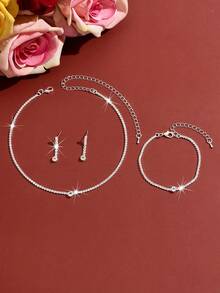 Set Perhiasan Pengantin Berkilau, Anting, Kalung, dan Gelang dengan Desain Minimalis, Cocok untuk Pernikahan, Pertunangan, Pantai, dan Pesta Liburan. - Perak - View 6