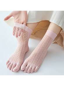 2 Pairs Women's Breathable Mesh Five Finger Socks, Thin Moisture-Wicking Mid-Calf Socks For Spring/Summer - Multicolor - View 11