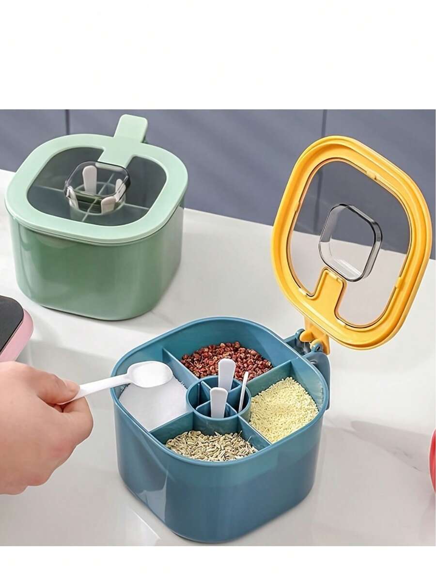 Large Capacity Seasoning Box With Lid And Spoon - Durable ABS Material, 4-Compartment Integrated Covered Multi-Function Household Kitchen Spice, Sugar, MSG, Salt Storage Box, Suitable For Home Kitchen Organization, Salt Shaker, Convenient For Combined Use