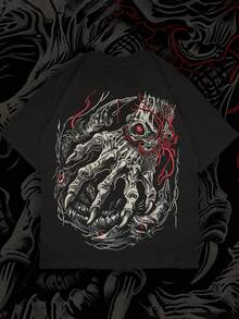 Men's Summer Dark Gothic Punk Skull Graphic Oversized T-Shirt, Streetwear Short Sleeve Tee - Black - View 1