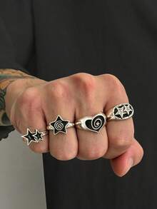 4pcs Punk Spiral Star Ring Set, Personalized Accessories, Suitable For Men's Daily Wear, Gift For Friends And Classmates - Antique Silver - View 2