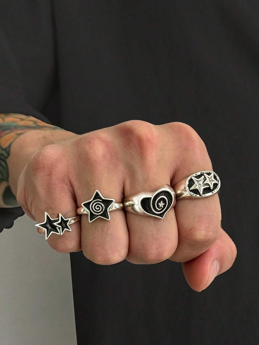 4pcs Punk Spiral Star Ring Set, Personalized Accessories, Suitable For Men's Daily Wear, Gift For Friends And Classmates
