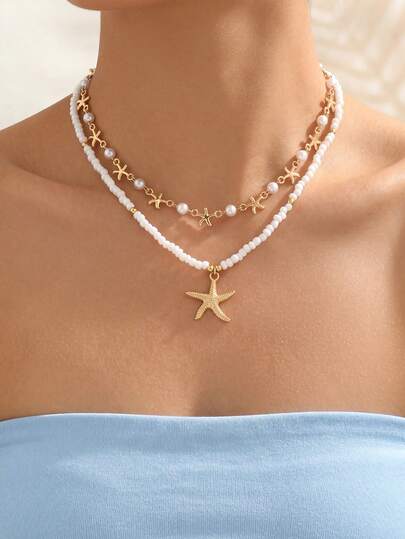 Set de 2 collares de estilo océano de verano con estrella de mar de perlas falsas hechos a mano en color dorado, collar colgante de estrella de mar de metal con cuentas minimalista, adecuado para uso diario, vacaciones en la playa, citas y sesiones de fotos