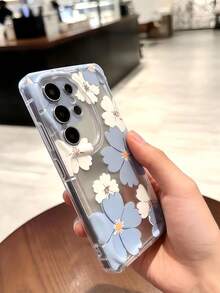 1pc Cream Dopamine Wave Ruffle Soft TPU Texture Phone Case, Cute Blue Daisy Floral Print Compatible With Galaxy S21 S22 S23 S24 S25 S26/Honor/ Etc. - Clear - View 2