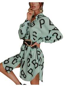 Women Irregular Hem Midi Dress, Letter Print Long Sleeve Lapel Neck High Waist Dress - Azul - Ver 4