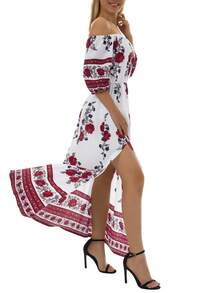 Women Floral Print Long Sleeve, 3/4 Sleeve Off-shoulder Side Split Dress for Summer - Flor - Ver 7